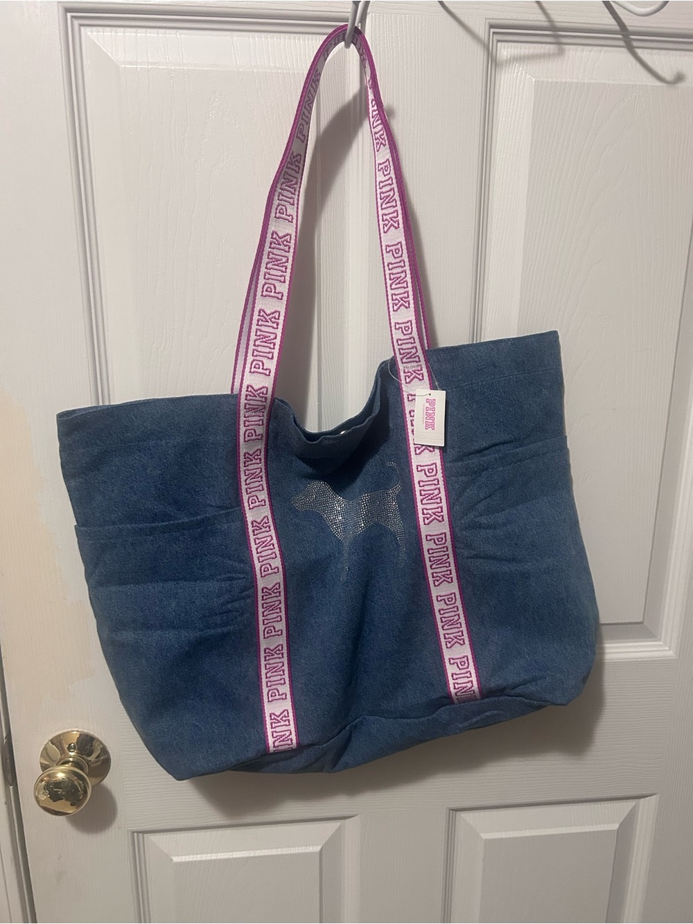 PINK Victoria's Secret Blue Denim Tote with Pink Logo Straps